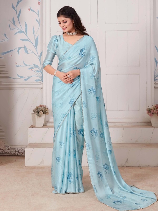 Light Aqua Pure Satin Georgette Digital Print Saree